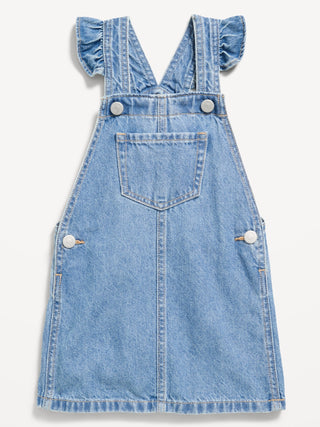 Vestido falda estilo jean con ribete de volantes para niñas pequeñas.