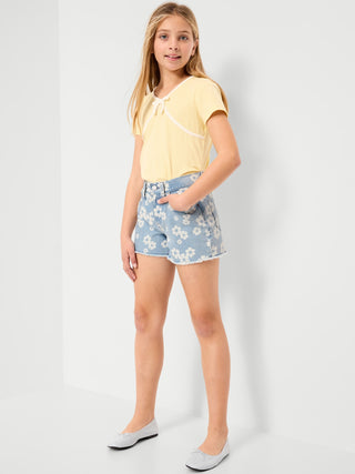 Shorts vaqueros con dobladillo deshilachado y estampado de cintura alta para niñas.