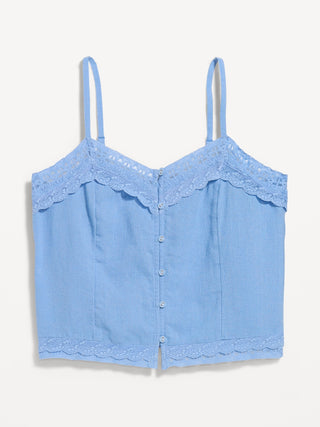 Top sin mangas de tirantes en mezcla de lino con ribete de encaje.