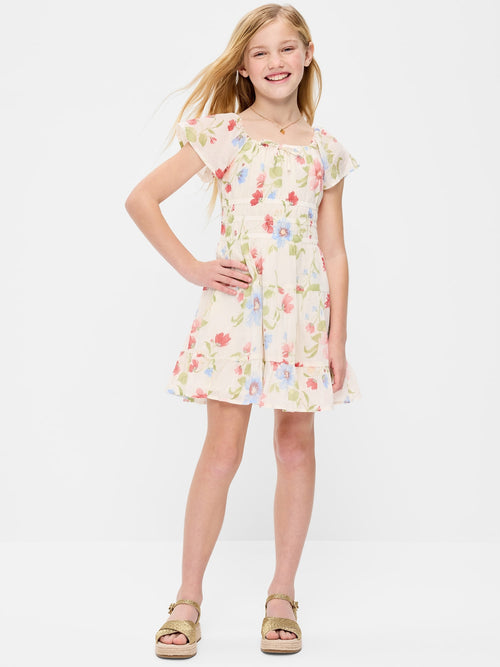 Vestido escalonado de gasa arrugada entallado y con vuelo para niñas.