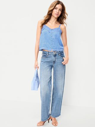 Top sin mangas de tirantes en mezcla de lino con ribete de encaje.