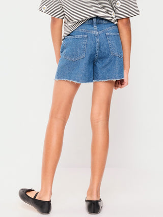 Shorts vaqueros con dobladillo deshilachado y bordado de cintura alta para niñas.