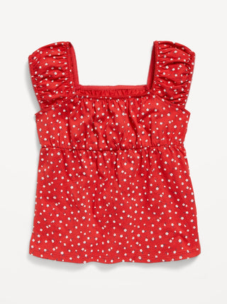 Top estampado de manga corta con ribete festoneado para niñas.