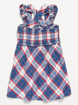 Vestido fruncido a cuadros sin mangas para niñas pequeñas.