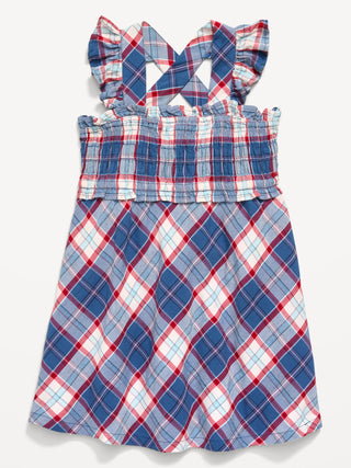 Vestido fruncido a cuadros sin mangas para niñas pequeñas.