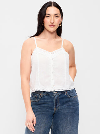Top sin mangas de tirantes en mezcla de lino con ribete de encaje.