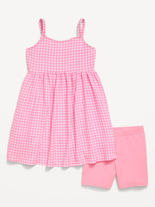 Conjunto de vestido arrugado sin mangas estampado y pantalones cortos de motociclista para niñas pequeñas.