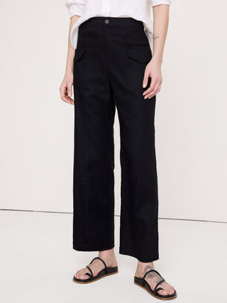 Pantalón utilitario recto de talle medio en lino-viscosa elástica.
