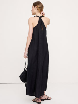 Vestido largo de lino con cuello halter.
