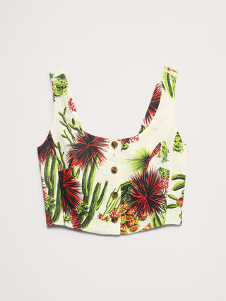 Camiseta sin mangas corta de lino con cuello cuadrado.
