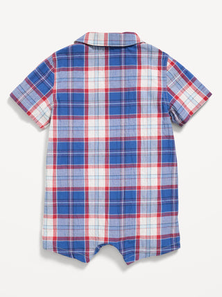 Mameluco de una pieza a cuadros con cuello para bebé.