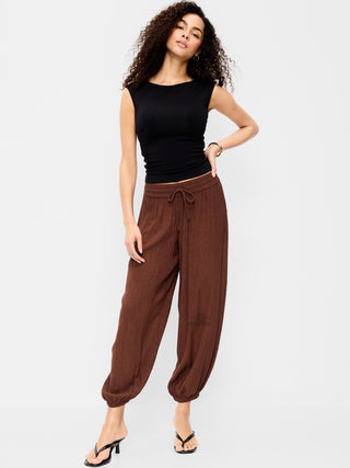 Pantalones harén de gasa arrugada de cintura alta.