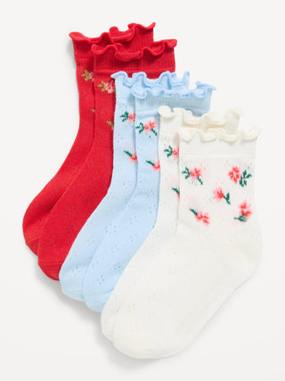 Paquete de 3 calcetines redondos de punto pointelle con volantes para niños pequeños y bebés.
