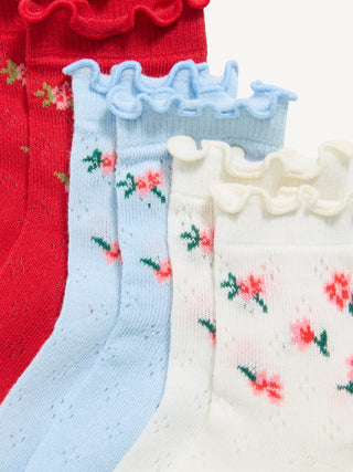 Paquete de 3 calcetines redondos de punto pointelle con volantes para niños pequeños y bebés.