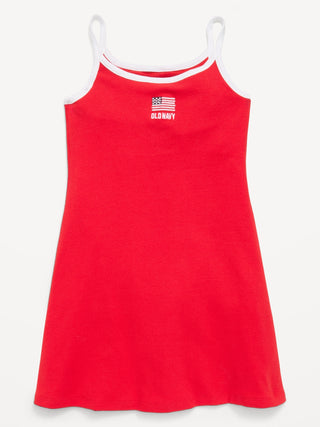 Vestido con vuelo sin mangas acanalado con logo gráfico para niñas.