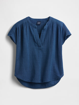 Top extragrande de mezclilla de gasa de algodón con cuello dividido.