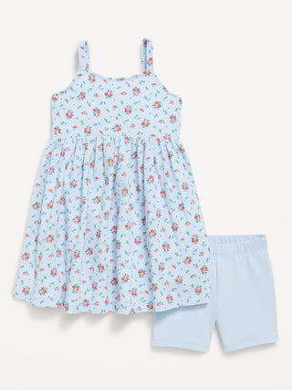 Conjunto de vestido arrugado sin mangas estampado y pantalones cortos de motociclista para niñas pequeñas.