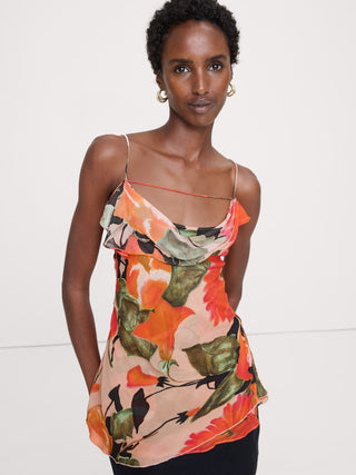 Camiseta sin mangas de georgette con cuello vuelto.