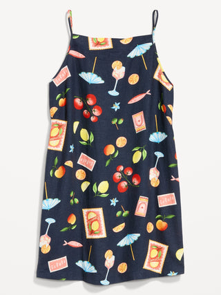 Vestido recto mini en mezcla de lino con cuello delantal.