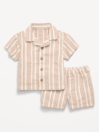 Conjunto de camisa y pantalón corto de rayas texturizadas de manga corta para bebé.