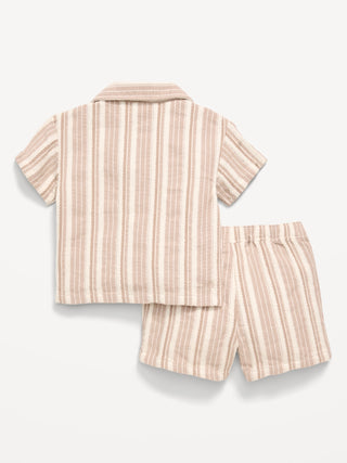 Conjunto de camisa y pantalón corto de rayas texturizadas de manga corta para bebé.