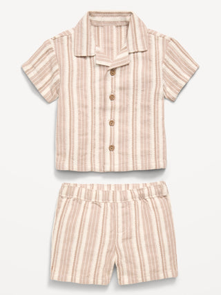 Conjunto de camisa y pantalón corto de rayas texturizadas de manga corta para bebé.
