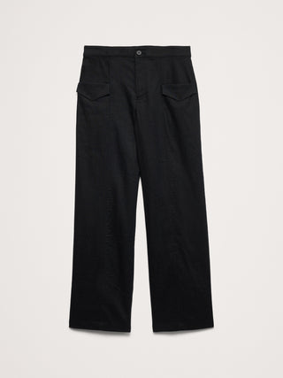Pantalón utilitario recto de talle medio en lino-viscosa elástica.