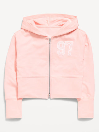 Sudadera con capucha corta ajustada con cremallera bidireccional para niñas.