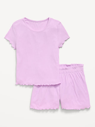 Ribbed Lettuce-Edge Pajama Top and Shorts Set for Girls.