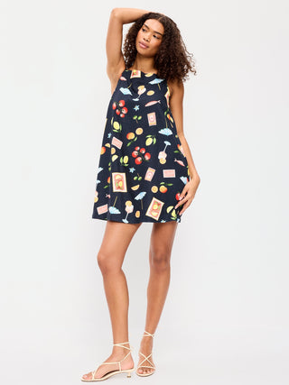 Vestido recto mini en mezcla de lino con cuello delantal.