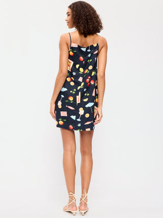 Vestido recto mini en mezcla de lino con cuello delantal.