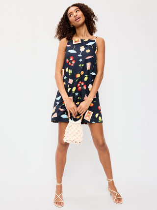 Vestido recto mini en mezcla de lino con cuello delantal.