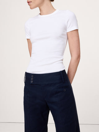 Pantalón ancho de lino y viscosa elástico de talle bajo.