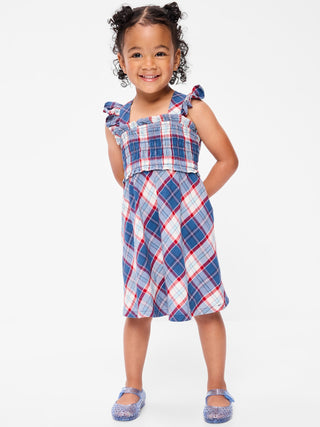 Vestido fruncido a cuadros sin mangas para niñas pequeñas.