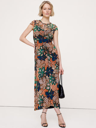 Vestido midi de manga corta de malla fruncida.