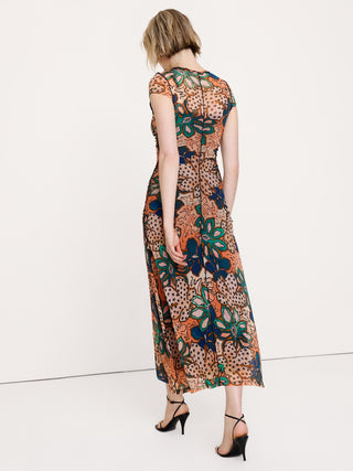 Vestido midi de manga corta de malla fruncida.