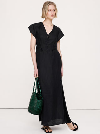 Vestido Largo Manga Corta con Bolsillos de Lino