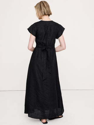 Vestido Largo Manga Corta con Bolsillos de Lino