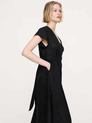 Vestido Largo Manga Corta con Bolsillos de Lino