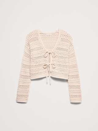 Cárdigan de crochet de algodón con lazo al frente.