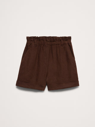 Pantalón corto de lino sin cierres con cintura paperbag de 3.5".