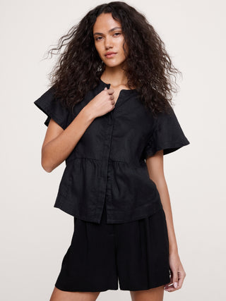 Linen Flutter-Sleeve Top.