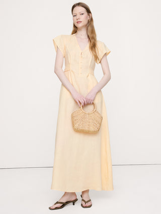 Vestido Largo Manga Corta con Bolsillos de Lino