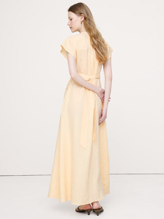 Vestido Largo Manga Corta con Bolsillos de Lino