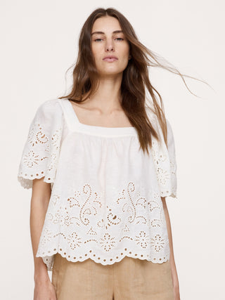 Linen Eyelet Square-Neck Top.