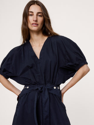 Vestido midi de sarga de algodón con mangas abullonadas.
