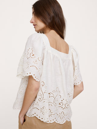 Linen Eyelet Square-Neck Top.