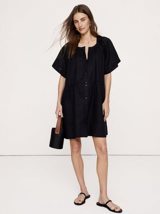 Vestido Manga Corta con Bolsillos de Lino