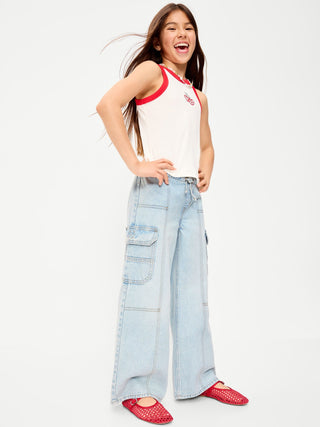 Pull-On Low-Rise Super Baggy Wide-Leg Cargo Jeans for Girls.