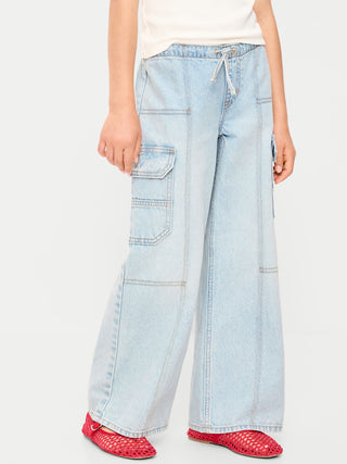 Pull-On Low-Rise Super Baggy Wide-Leg Cargo Jeans for Girls.